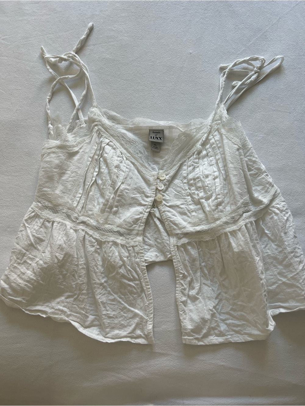 White Lace-Trim Tie Strap Button Front Top - LUXX